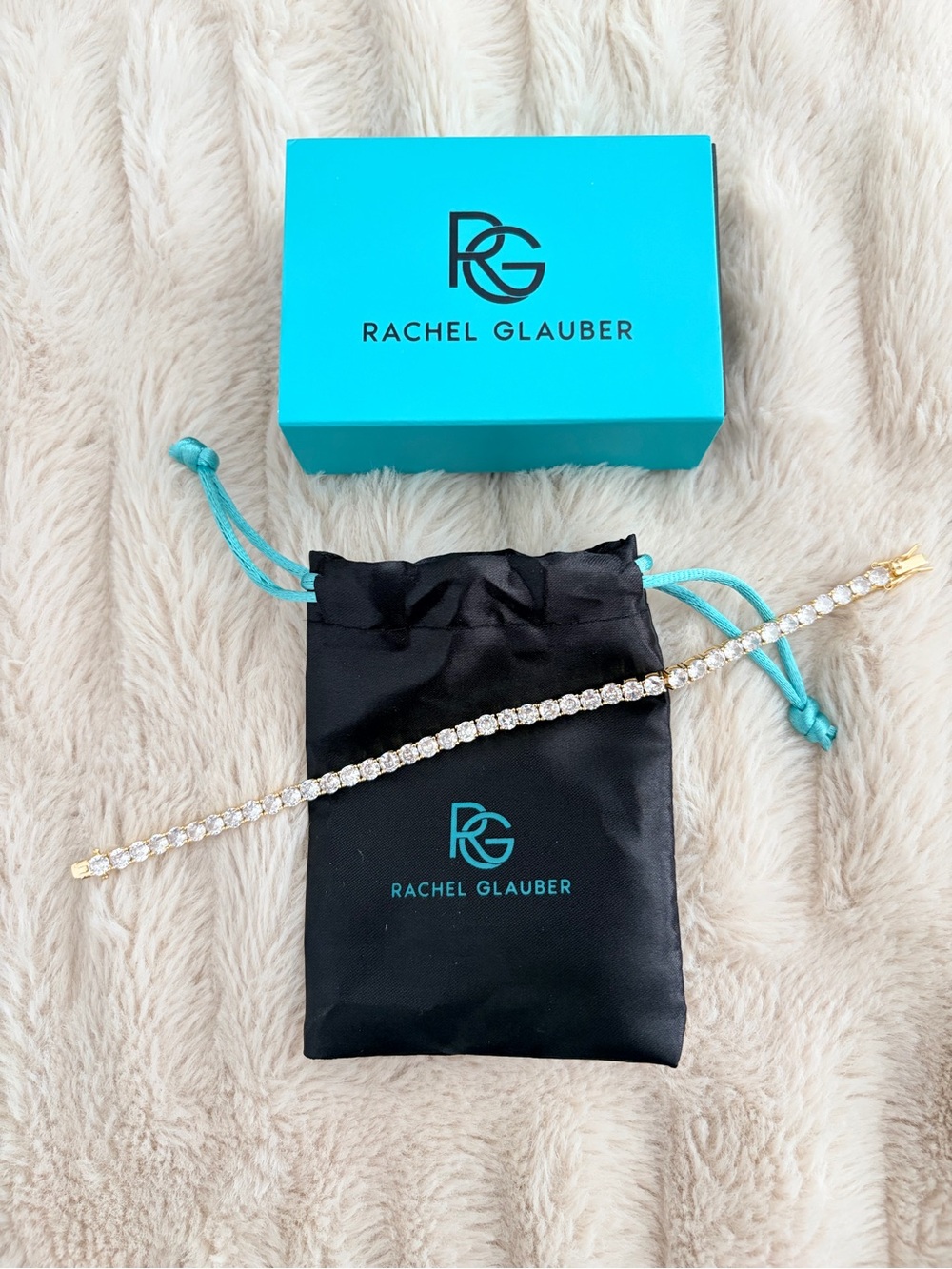 Gold and Clear Crystal Tennis Bracelet - Turquoise Box